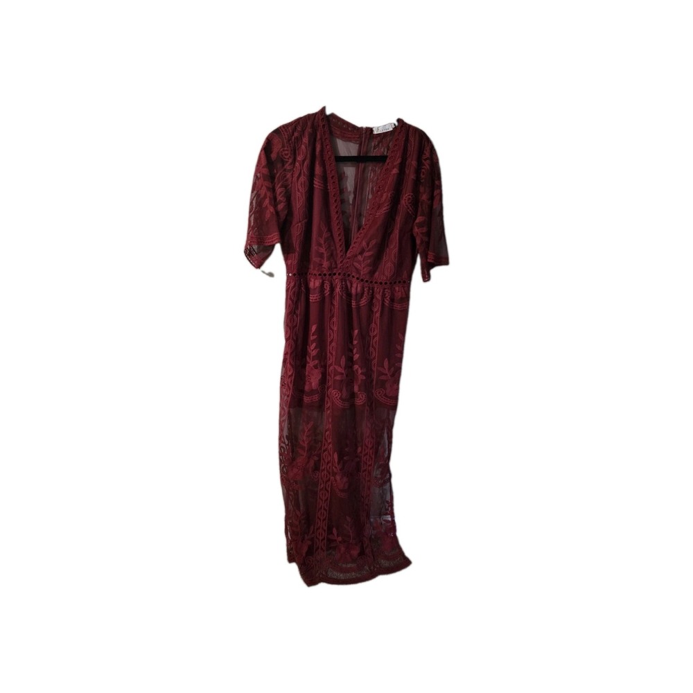 Eleter Women's Deep V-Neck Lace Romper Short Sleeve Long Dress Wine Red Size XL